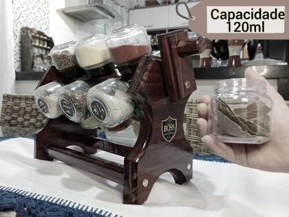 Imagem de Porta temperos giratório com manivela em madeira e 12 potes