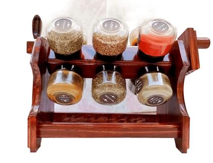 Imagem de Porta temperos giratório com manivela em madeira e 12 potes
