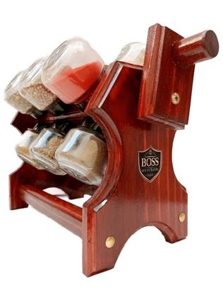 Imagem de Porta temperos giratório com manivela em madeira e 12 potes