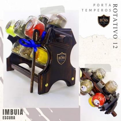 Imagem de Porta temperos giratório com manivela em madeira e 12 potes