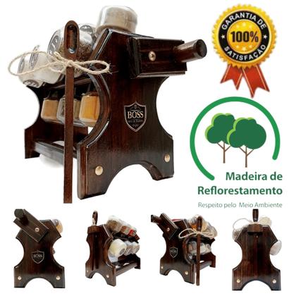 Imagem de Porta temperos giratório com manivela em madeira e 12 potes
