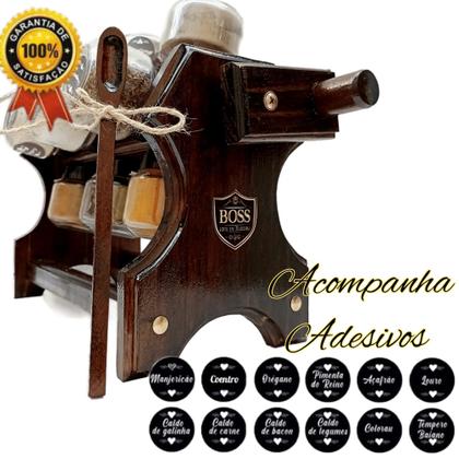 Imagem de Porta temperos giratório com manivela em madeira e 12 potes