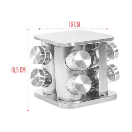 Imagem de Porta Temperos Giratório Inox 8 Potes De Vidro C/ Tampa