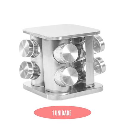 Imagem de Porta Temperos Giratório Inox 8 Potes De Vidro C/ Tampa