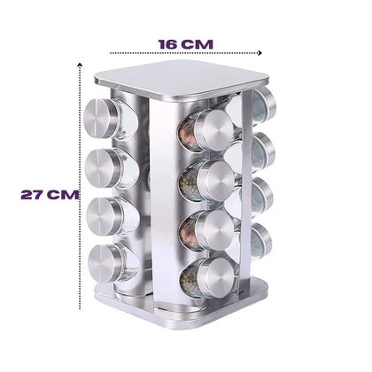 Imagem de Porta Temperos Inox 16 Potes De Vidro C/ Tampa Giratório