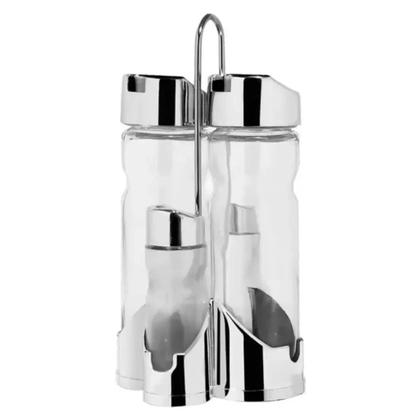 Imagem de Porta Temperos Óleos P/ Mesa Bar 4 Pcs Vidro C/ Suporte Inox