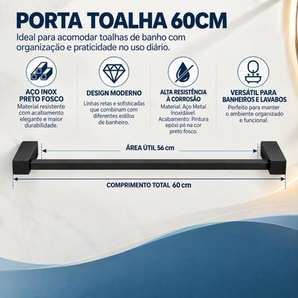 Imagem de Porta Toalha Banheiro 60cm Aço Inox Preto Fosco Linha Paris Black Fixação por Parafusos