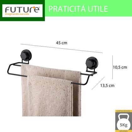 Imagem de Porta Toalha Banho Duplo C/ Ventosa Aço Carbono 45cm Preto