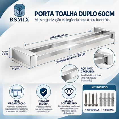 Imagem de Porta Toalha Duplo Banheiro 60cm Aço Inox Cromado Linha Paris Fixação por Parafusos