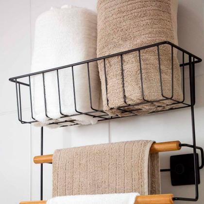 Imagem de Porta Toalha Duplo Banho C/ Suporte Aço Bambu Adesivo Preto