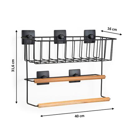 Imagem de Porta Toalha Duplo Banho C/ Suporte Aço Bambu Adesivo Preto