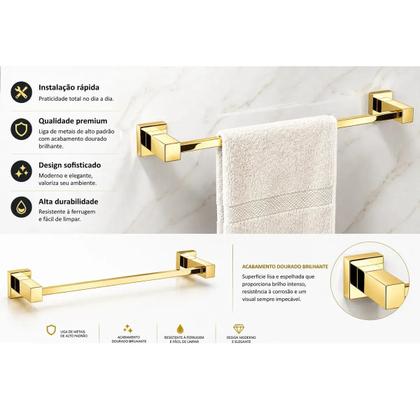 Imagem de Porta Toalha Linear 60cm. Quadrado Dourado Dupla Fixação