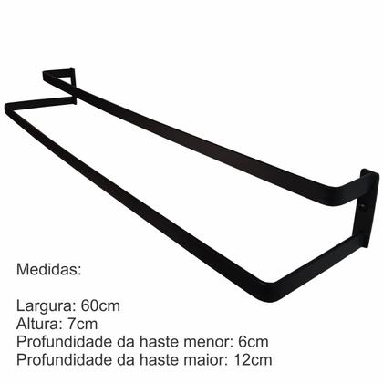 Imagem de Porta Toalhas Toalheiro Duplo Parede Preto Fosco 60cm