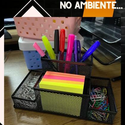 Imagem de Porta Treco Lapis Caneta Organizador Metal Aramado 4 Divisorias Mesa Escritorio