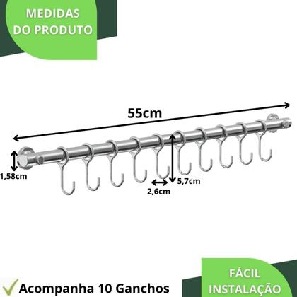 Imagem de Porta Utensílios E Talheres 55cm Com 10 Ganchos Cromado FS