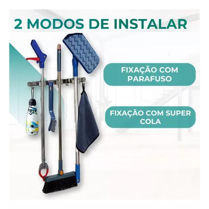 Imagem de Porta Vassoura Parede Inox 7 Ganchos Organizador Rodo