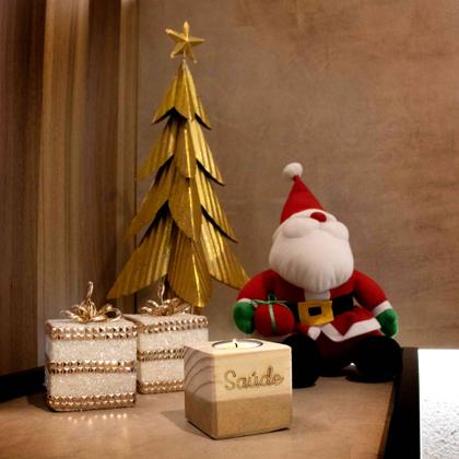 Imagem de Porta Vela Quadrado Natal Saúde Madeira e Dourado 7 cm - D'Rossi