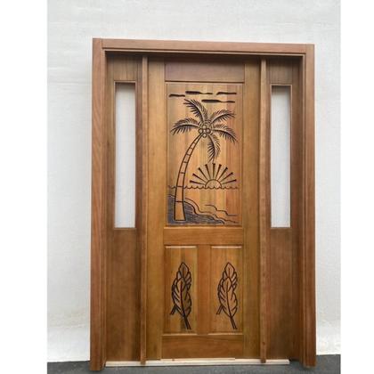 Imagem de Portal Madeira Maciça Vitrô Duplo Palmeira Entalhada Completa 143x213x18cm Cedro Rosa