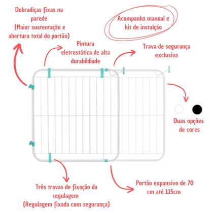 Imagem de Portão Expansivo Proteção Criança Cão Pet De 70 A 115 Cm