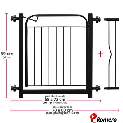 Imagem de Portão Pet Cães Bebês Largo 69 a 84cm C/ Extensor 10cm Preto