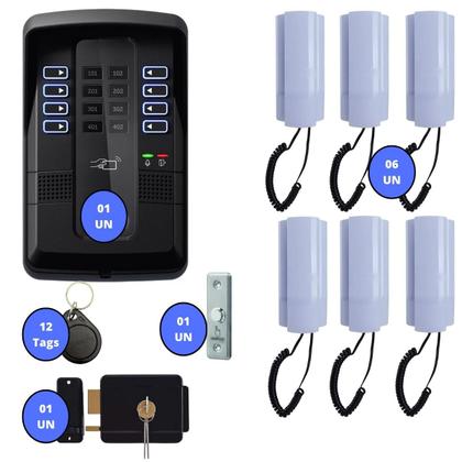 Imagem de Porteiro Coletivo Interfone Kit para 6 Pontos 12 Chaveiros Tag Acesso e Fechadura Intelbras