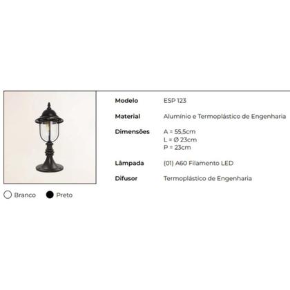 Imagem de Poste Balizador Capri Preto em Aluminio 55XØ27cm Difusor em Termoplástico 1 Lampada E-27 ESP-123 PMT Ideal