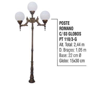Imagem de Poste Colonial Romano para Jardim Alumínio 03 Globo 2,44m