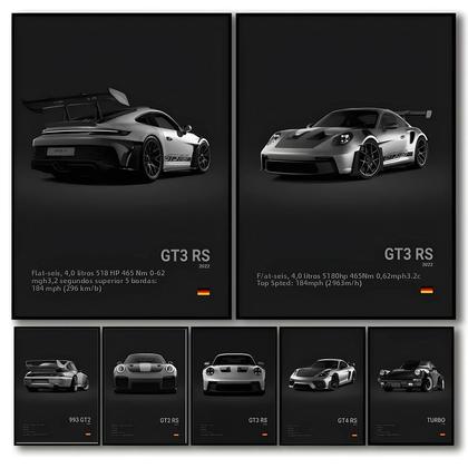 Imagem de Pôster De Carro Esportivo Preto E Branco HD Impressão Em Tela Pintura 911 GT3 RS Turbo Para