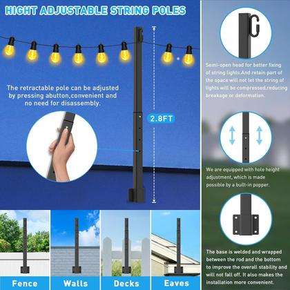 Imagem de Postes de luz de corda para exteriores NUERPO, pacote com 6, 85 cm de metal
