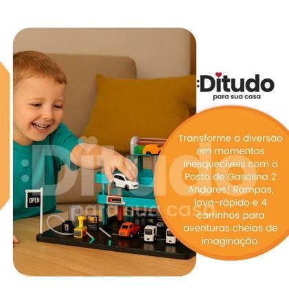 Imagem de Posto Gasolina Brinquedo Infantil 2 Andares Lava Rápido Carrinho Pista Rampa Oficina 4 Carros Kit Co