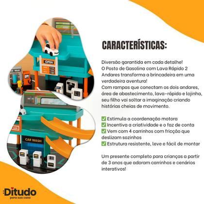 Imagem de Posto Gasolina Brinquedo Infantil 2 Andares Lava Rápido Carrinho Pista Rampa Oficina 4 Carros Kit Co
