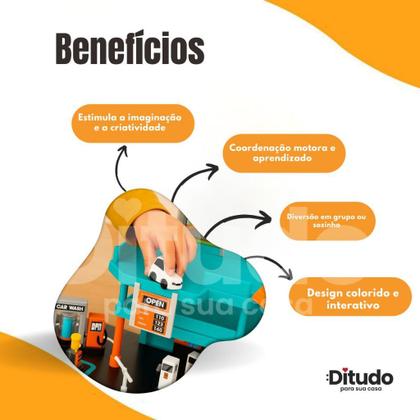 Imagem de Posto Gasolina Brinquedo Infantil 2 Andares Lava Rápido Carrinho Pista Rampa Oficina 4 Carros Kit Co