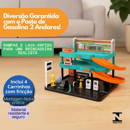 Imagem de Posto Gasolina Brinquedo Infantil 2 Andares Lava Rápido Carrinho Pista Rampa Oficina 4 Carros Kit Co