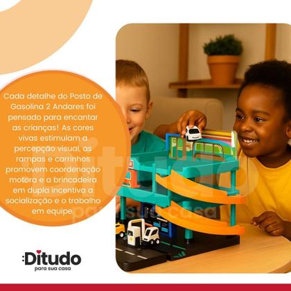 Imagem de Posto Gasolina Brinquedo Infantil 2 Andares Lava Rápido Carrinho Pista Rampa Oficina 4 Carros Kit Co