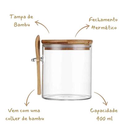 Imagem de Pote Açucareiro Hermético 400mL Em Vidro Borossilicato Com Tampa E Colher Em Bambu Allmix
