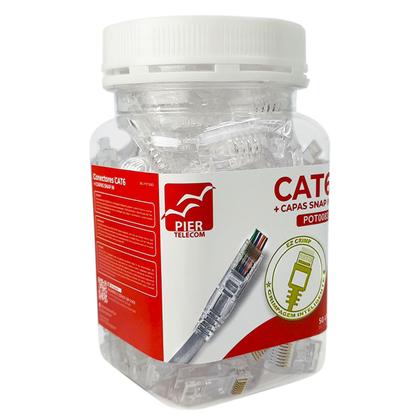 Imagem de Pote Conector Macho Plug RJ45 Cat6 de Passagem EZ Crimp 50pçs + Capa RJ45 Snap in com Trava Transparente 50pçs - Pier