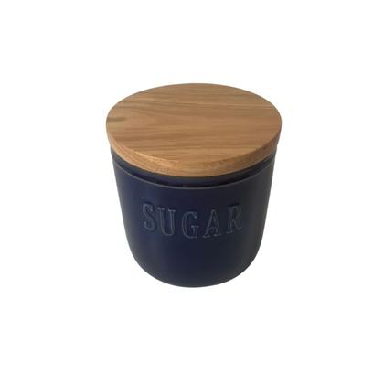 Imagem de Pote de Açúcar em Cerâmica Azul com Tampa de Bambu