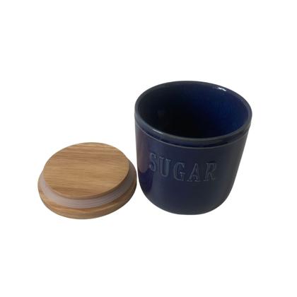 Imagem de Pote de Açúcar em Cerâmica Azul com Tampa de Bambu