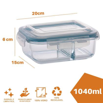 Imagem de Pote de Vidro 1040ml Retangular Divisória Marmita Fitness
