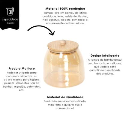 Imagem de Pote de Vidro Âmbar 950ml Hermético com Tampa Bambu Bolinha