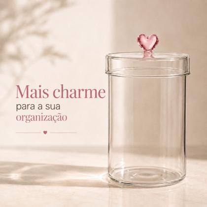 Imagem de Pote de Vidro Borossilicato 1100ml com Tampa Encaixe e Puxador Coração Rosa Transparente