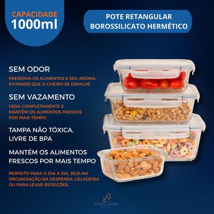 Imagem de Pote De Vidro Com Tampa Hermética Vasilha Retangular 1000ml