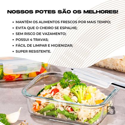 Imagem de Pote De Vidro Hermético Retangular Para Marmita Mantimentos Com Tampa Para Microondas Forno Freezer