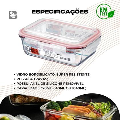 Imagem de Pote De Vidro Hermético Retangular Para Marmita Mantimentos Com Tampa Para Microondas Forno Freezer