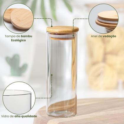 Imagem de Pote de Vidro Hermético Transparente Kit 5 Potes Tampa Bambu