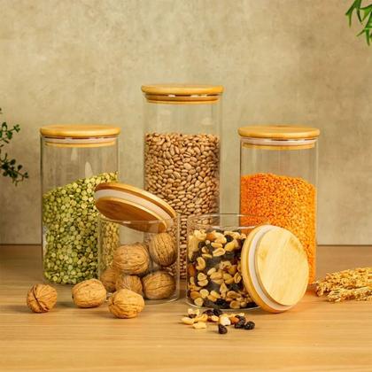 Imagem de Pote de Vidro Hermético Transparente Kit 5 Potes Tampa Bambu