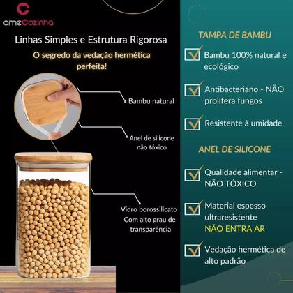 Imagem de Pote De Vidro Quadrado Com Tampa Pote Hermético Bambu - 4un