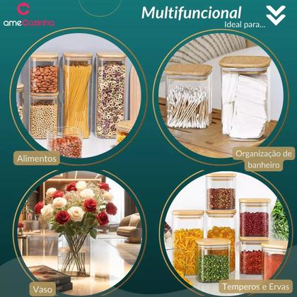 Imagem de Pote De Vidro Quadrado Com Tampa Pote Hermético Bambu - 4un