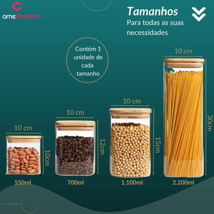 Imagem de Pote De Vidro Quadrado Com Tampa Pote Hermético Bambu - 4un