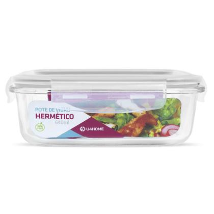 Imagem de Pote de Vidro Retangular Hermético Marmita Tampa Plástico Alimentos 640ml
